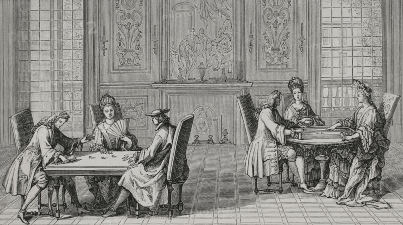 Board games at French court during the reign of Louis XIV (1643-1715). Engraving by Sebastien Leclerc (1637-1714). XVIIme siecle: lettres, sciences et arts, France 1590-1700 (17th century: letters, sciences and arts), by Paul Lacroix. Published in Paris by Librairie de Firmin-Didot et Cie, 1882.