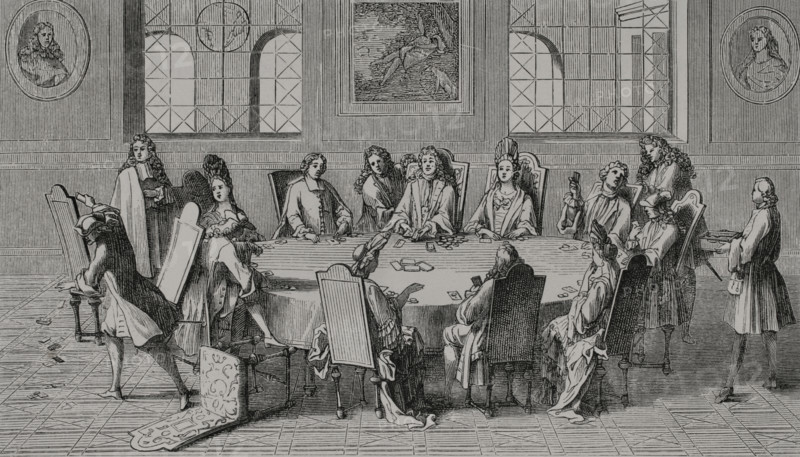 Card game. Game of lansquenet at court during the reign of Louis XIV of France (1643-1715). Engraving by Sebastien Leclerc (1637-1714). XVIIme siecle: lettres, sciences et arts, France 1590-1700 (17th century: letters, sciences and arts), by Paul Lacroix. Published in Paris by Librairie de Firmin-Didot et Cie, 1882.