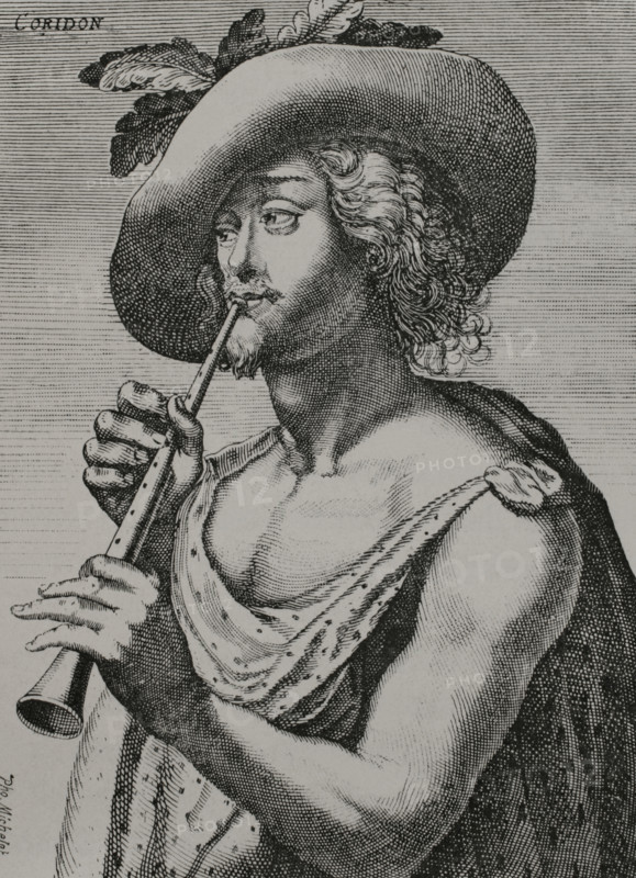 Herder Corydon. Engraving by Le Blond. XVIIme siecle: lettres, sciences et arts, France 1590-1700 (17th century: letters, sciences and arts), by Paul Lacroix. Published in Paris by Librairie de Firmin-Didot et Cie, 1882.