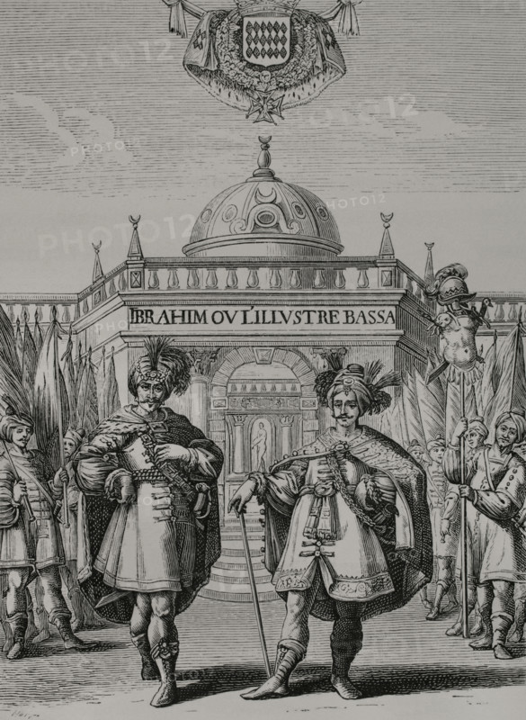 Ibrahim ou l'illustre Bassa"" (Ibrahim or the Illustrious Bassa). Illustration from the frontispiece of the tragicomedy written by French author Madeleine de Scudery (1607-1701) in 1641, although published under her brother Georges' name. Engraving by Huyot after Jean Matheus (1590-1672). Paris, chez Toussaint Quinet, 1645. XVIIme siecle: lettres, sciences et arts, France 1590-1700 (17th century: letters, sciences and arts), by Paul Lacroix. Published in Paris by Librairie de Firmin-Didot et Cie, 1882.