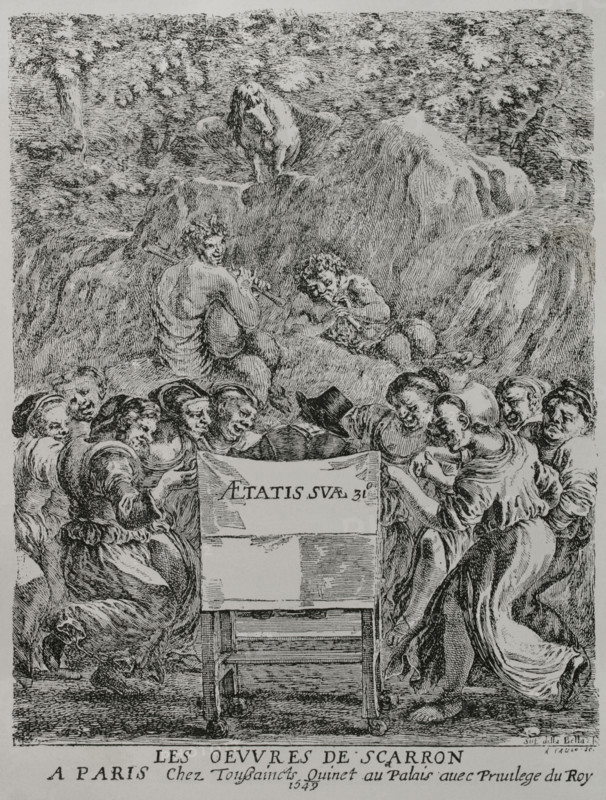 Paul Scarron (1610-1660). French satirical writer. ""Les Oeuvres de Scarron"" (The Works of Scarron), ""La relation veritable de tout ce qui s'est passe en l'autre monde, au combat des parques et des poetes, sur la mort de Voiture et autres pieces burlesques"". Illustration for the frontispiece. Scarron sitting in a chair, seen from behind, with women on either side depicting caricatures of the nine muses. At the top, Pan, Bacchus, and Pegasus in a representation of Mount Helicon. Engraving by Stefano della Bella (1610-1664). Paris, chez Toussaint Quinet, 1649. XVIIme siecle: lettres, sciences et arts, France 1590-1700 (17th century: letters, sciences and arts), by Paul Lacroix. Published in Paris by Librairie de Firmin-Didot et Cie, 1882.