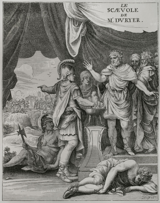 Illustration for the frontispiece of ""Scevole"" by French playwright Pierre du Ryer (1605-1658). Engraving by Huyot. Paris, chez Antoine de Sommaville, 1647. XVIIme siecle: lettres, sciences et arts, France 1590-1700 (17th century: letters, sciences and arts), by Paul Lacroix. Published in Paris by Librairie de Firmin-Didot et Cie, 1882.