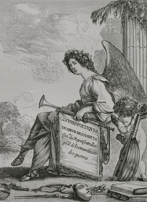 Illustration for the frontispiece of ""Oeuvres poetiques"" by French playwright and poet Jean Desmarets de Saint-Sorlin (1595-1676). Engraving by de la Belle. H. Le Gras, Paris, 1641. XVIIme siecle: lettres, sciences et arts, France 1590-1700 (17th century: letters, sciences and arts), by Paul Lacroix. Published in Paris by Librairie de Firmin-Didot et Cie, 1882.