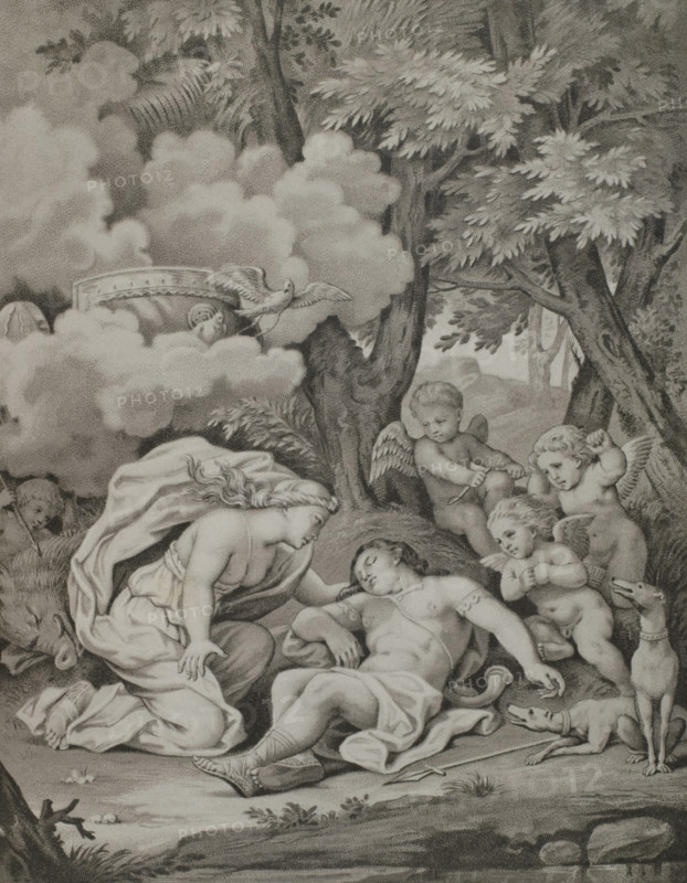 Adonis."" Poem by Jean de La Fontaine (1621-1695) dedicated to Nicolas Fouquet and published in 1658. Venus discovering Adonis. Illustration by Francois Chauveau (1613-1676). Lithograph by Nordmann. XVIIme siecle: lettres, sciences et arts, France 1590-1700 (17th century: letters, sciences and arts), by Paul Lacroix. Published in Paris by Librairie de Firmin-Didot et Cie, 1882.
