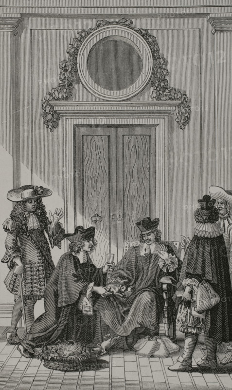 The Litigants"" (Les Plaideurs). Comedy in three acts written by French playwright Jean Racine (1639-1699). It premiered in 1668 at the Hotel de Bourgogne in Paris and published in 1669. Illustration by Francois Chauveau (1613-1676) for the first edition of the Works of Jean Racine (1639-1699). Engraving. Paris, Jean Ribou, 1676. XVIIme siecle: lettres, sciences et arts, France 1590-1700 (17th century: letters, sciences and arts), by Paul Lacroix. Published in Paris by Librairie de Firmin-Didot et Cie, 1882.