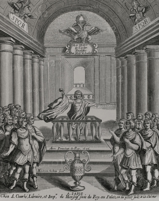 La mort de Cesar"" (The Death of Caesar). Tragedy written by French poet and playwright Georges de Scudery (1601-1667). First performed at the Hotel de Bourgogne in Paris in 1636. The scene takes place in the Roman Senate. In the foreground, Caesar's cremains are contained in an urn. Mark Antony (Marcus Antonius) shows and brandishes Julius Caesar's bloodstained tunic during his speech to the Roman senators. Illustration for the frontispiece of the original edition. Engraving by Michel van Lochom (1601-1647). Paris, chez Augustin Courbe, 1637. XVIIme siecle: lettres, sciences et arts, France 1590-1700 (17th century: letters, sciences and arts), by Paul Lacroix. Published in Paris by Librairie de Firmin-Didot et Cie, 1882.