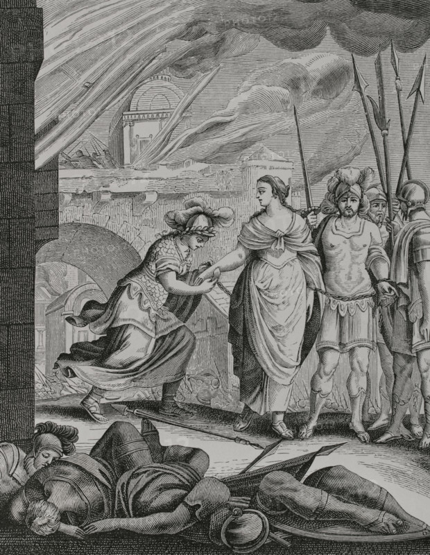 La belle esclave"" (The Beautiful Slave). Illustration for the frontispiece of the tragicomedy written by the French playwright and poet Claude de L'Estoile (1602-1652). Paris, chez Pierre Moreau, 1643. Engraving by Jean-Baptiste Humbelot (c. 1600-1685). XVIIme siecle: lettres, sciences et arts, France 1590-1700 (17th century: letters, sciences and arts), by Paul Lacroix. Published in Paris by Librairie de Firmin-Didot et Cie, 1882.