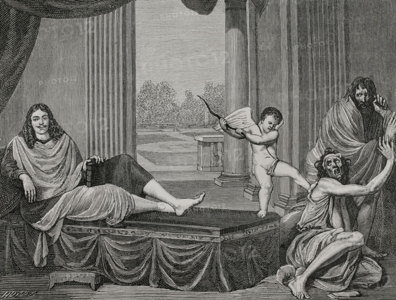 Moliere evoking the genie of comedy to punish vice and unmask hypocrisy. Engraving by Huyot based on a painting discovered in Paris by the architect M. du Seigneur, attributed to Mignard or Lebrun. It was destroyed by fire on 24 May 1871. XVIIme siecle: lettres, sciences et arts, France 1590-1700 (17th century: letters, sciences and arts), by Paul Lacroix. Published in Paris by Librairie de Firmin-Didot et Cie, 1882.