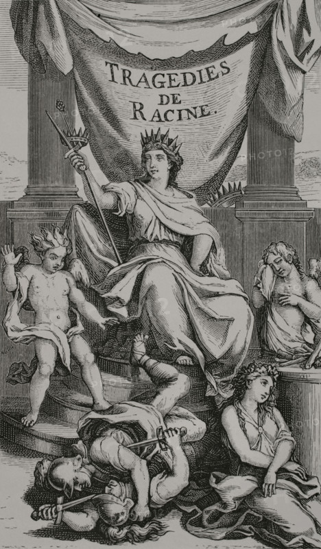 Tragedies de Racine. Illustration for the frontispiece of the first edition of the Works of Jean Racine (1639-1699); Paris, Jean Ribou, 1676. Drawing by Charles Le Brun (1619-1690), engraving by Sebastien Leclerc (1637-1714). XVIIme siecle: lettres, sciences et arts, France 1590-1700 (17th century: letters, sciences and arts), by Paul Lacroix. Published in Paris by Librairie de Firmin-Didot et Cie, 1882.
