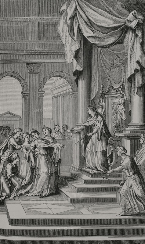 Esther"". Tragedy written in 1689 by French poet and dramatist Jean Racine (1639-1699). It consists of three acts in verse. It premiered on 26 January 1689 in Saint-Cyr (France). Scene from ""Esther"". Engraving by Sebastien Leclerc (1637-1714). Paris, Denis Thierry, 1689. XVIIme siecle: lettres, sciences et arts, France 1590-1700 (17th century: letters, sciences and arts), by Paul Lacroix. Published in Paris by Librairie de Firmin-Didot et Cie, 1882.