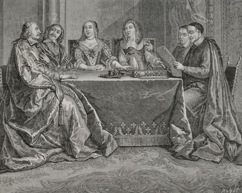 Anne of Austria (1601-1666). Queen consort of France and Navarre (1615-1643) by her marriage to King Louis XIII of France. Queen regent from 1643 to 1651. Regency Council of Anne of Austria. The Conseil de Conscience: Vincent de Paul reading before Cardinal Mazarin, Pierre Seguier, Jacques Charton, Queen Anne of Austria and King Louis XIV, 1650. Engraving by Huyot based on the painting by French artist Jean-Francois de Troy (1679-1752), engraved by Scotin. XVIIme siecle: lettres, sciences et arts, France 1590-1700 (17th century: letters, sciences and arts), by Paul Lacroix. Published in Paris by Librairie de Firmin-Didot et Cie, 1882.