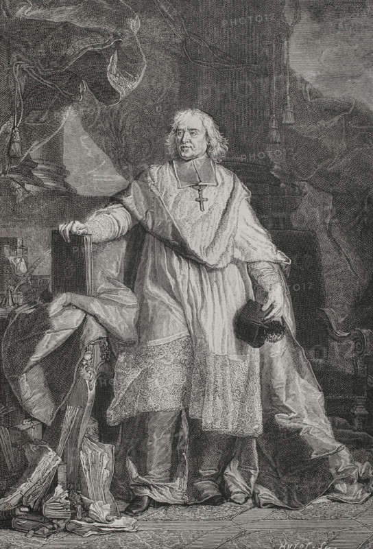 Jacques-Benigne Bossuet (1627-1704). French clergyman, bishop, preacher and writer. He defended political absolutism and the divine right of kings. Bossuet preached regularly before the court of King Louis XIV at Versailles. He was appointed tutor to the Dauphin, Louis (1661-1711), in 1670 and elected a member of the Academie Francaise in 1671. In 1681, he was appointed bishop of Meaux, a position he held until his death. Portrait of Jacques-Benigne Bossuet, Bishop of Meaux, 1723. Engraving by Huyot after the portrait by Hyacinthe Rigaud (1659-1743), engraved by Pierre-Imbert Drevet (1697-1739). XVIIme siecle: lettres, sciences et arts, France 1590-1700 (17th century: letters, sciences and arts), by Paul Lacroix. Published in Paris by Librairie de Firmin-Didot et Cie, 1882.