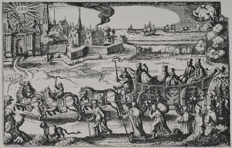 France. Anonymous allegorical engraving relating to the expulsion of the Jesuits, following Antoine Arnauld's plea before the University of Paris. Antoine Arnauld is seated on the carriage. On 12 July 1594, a trial began before the Parlement of Paris. It pitted the University of Paris, together with the city's parish priests, against the Society of Jesus. Antoine Arnauld acted as the University's lawyer, charging the Jesuits of having provoked the French Wars of Religion in order to favour Spain. XVIIme siecle: lettres, sciences et arts, France 1590-1700 (17th century: letters, sciences and arts), by Paul Lacroix. Published in Paris by Librairie de Firmin-Didot et Cie, 1882.
