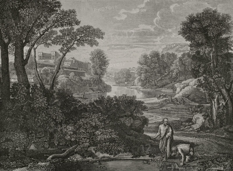 Landscape with Diogenes. Engraving by Huyot based on the painting by French painter Nicolas Poussin (1594-1665), a work produced between 1654 and 1658. XVIIme siecle: lettres, sciences et arts, France 1590-1700 (17th century: letters, sciences and arts), by Paul Lacroix. Published in Paris by Librairie de Firmin-Didot et Cie, 1882.