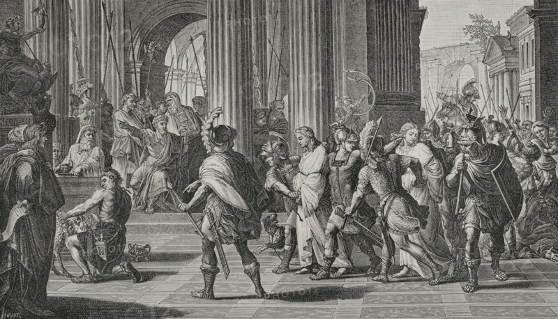 Milan. Saint Gervase and Saint Protase brought before the Roman general Astasius for professing their Christian faith, refusing to make pagan sacrifices to Jupiter. Engraving by Huyot based on a painting by French artist Eustache Le Sueur (1616-1655). XVIIme siecle: lettres, sciences et arts, France 1590-1700 (17th century: letters, sciences and arts), by Paul Lacroix. Published in Paris by Librairie de Firmin-Didot et Cie, 1882.