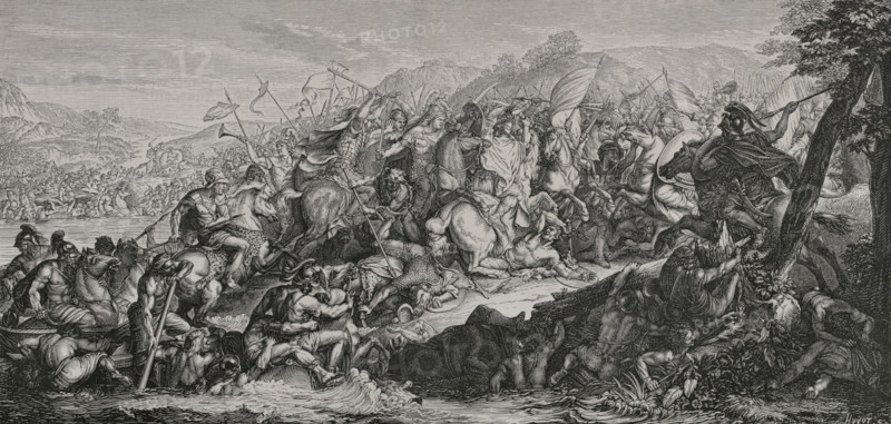 Battle of the Granicus (May 334 BC). The Macedonian King Alexander the Great defeated the Persians. Engraving by Huyot based on a painting by Charles Le Brun (1619-1690).