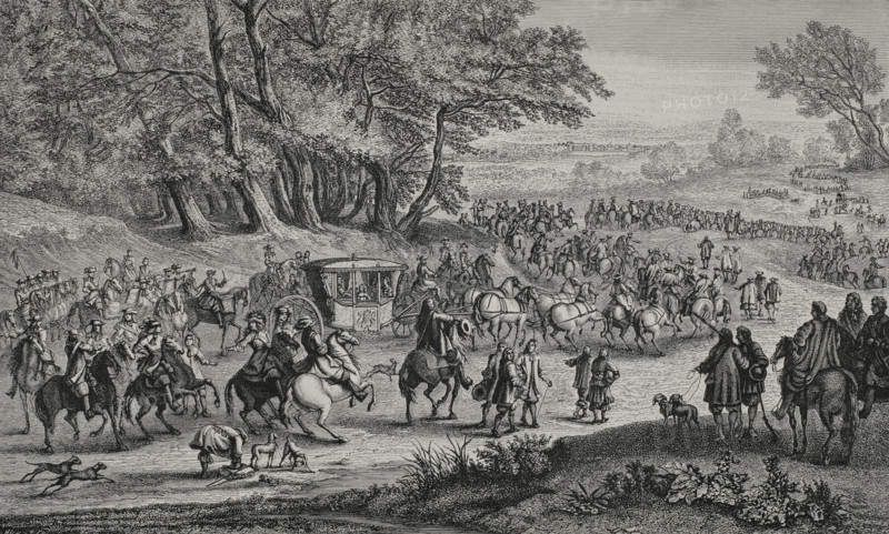 France. The queen moving to Fontainebleau accompanied by her guards. Engraving by Huyot after Adam Frans van der Meulen (1632-1690) and Adrien Francois Baudouin (Adriaen Frans Boudewijns) (1644-1719), prior to 1685. XVIIme siecle: lettres, sciences et arts, France 1590-1700 (17th century: letters, sciences and arts), by Paul Lacroix. Published in Paris by Librairie de Firmin-Didot et Cie, 1882.