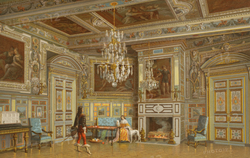 France. Palace of Fontainebleau. Chambre Ovale. Lithograph by Nordmann. Chromolithography. XVIIme siecle: lettres, sciences et arts, France 1590-1700 (17th century: letters, sciences and arts), by Paul Lacroix. Published in Paris by Librairie de Firmin-Didot et Cie, 1882.