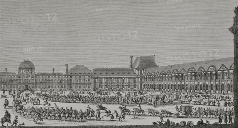 Paris, France. Entry of King Louis XIV (1638-1715), escorted by his Military Household, into the Tuileries. Engraving after Israel Silvestre (1621-1691), 1669. XVIIme siecle: lettres, sciences et arts, France 1590-1700 (17th century: letters, sciences and arts), by Paul Lacroix. Published in Paris by Librairie de Firmin-Didot et Cie, 1882.
