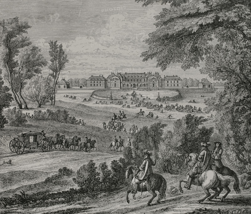 France. Arrival of King Louis XIV (1638-1715), preceded by his guard, at the former Palace of Versailles. Engraving by Huyot based on a painting by Flemish painter Adam Frans van der Meulen (1632-1690), engraved by Adrien François Baudouin (Adriaen Frans Boudewyns) (1644-1719), 1685. Detail. XVIIme siècle: lettres, sciences et arts, France 1590-1700 (17th century: letters, sciences and arts), by Paul Lacroix. Published in Paris by Librairie de Firmin-Didot et Cie, 1882.