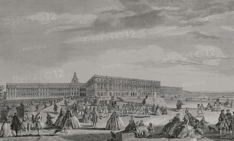 France. View of the Palace of Versailles, from the terrace opposite the chapel. Engraving by Huyot after Jacques Rigaud (1681-1754), c. 1720. XVIIme siècle: lettres, sciences et arts, France 1590-1700 (17th century: letters, sciences and arts), by Paul Lacroix. Published in Paris by Librairie de Firmin-Didot et Cie, 1882.