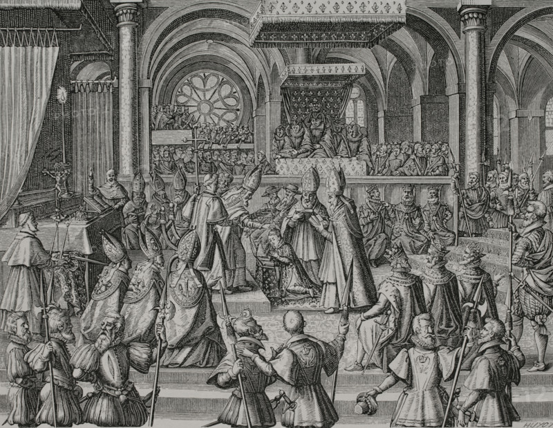 Louis XIII "the Just" (1601-1643). King of France and Navarre (1610-1643). Coronation ceremony of Louis XIII in Reims Cathedral on 17 October 1610. Engraving by Huyot after a drawing by François Quesnel (c. 1543-1619), engraved by Thomas de Leu (c. 1555-c. 1612). XVIIme siècle: lettres, sciences et arts, France 1590-1700 (17th century: letters, sciences and arts), by Paul Lacroix. Published in Paris by Librairie de Firmin-Didot et Cie, 1882.