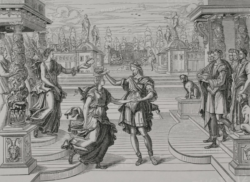 Esther and King Ahasuerus. Coronation of Esther. Engraving after a woodcut by Jean Coussin (1522-1594), c. 1580. XVIIme siècle: lettres, sciences et arts, France 1590-1700 (17th century: letters, sciences and arts), by Paul Lacroix. Published in Paris by Librairie de Firmin-Didot et Cie, 1882.