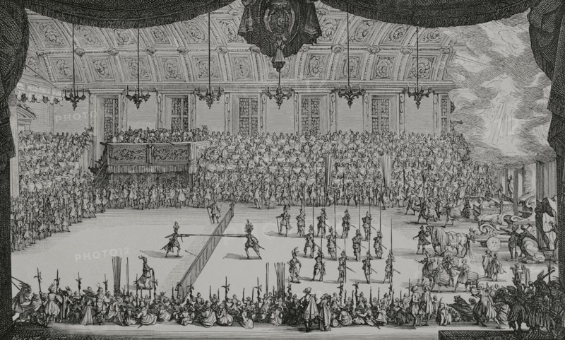 France. Le Combat a la Barrière (Combat at the Barrier). Hall where the Grand Tournament was held at the Ducal Palace of Nancy on 14 February 1627. The celebrations were held in honour of the Duchess of Chevreuse. The story of the event was published by Henry Humbert, illustrated with a series of engravings by French artist Jacques Callot (1592-1635). Engraving by Huyot based on one of them. XVIIme siècle: lettres, sciences et arts, France 1590-1700 (17th century: letters, sciences and arts), by Paul Lacroix. Published in Paris by Librairie de Firmin-Didot et Cie, 1882.