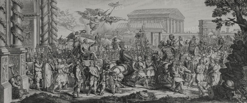 The Triumph of Constantine over Maxentius. It took place at the Battle of Milvian Bridge, one of the bridges over the River Tiber in Rome, on 28 October 312. Constantine I the Great (272-337) engaged and defeated the army of Maxentius (276-312). Engraving by Huyot after an illustration by Charles Le Brun (1619-1690), engraved by Gérard Audran (1640-1703) in 1666. XVIIme siècle: lettres, sciences et arts, France 1590-1700 (17th century: letters, sciences and arts), by Paul Lacroix. Published in Paris by Librairie de Firmin-Didot et Cie, 1882.