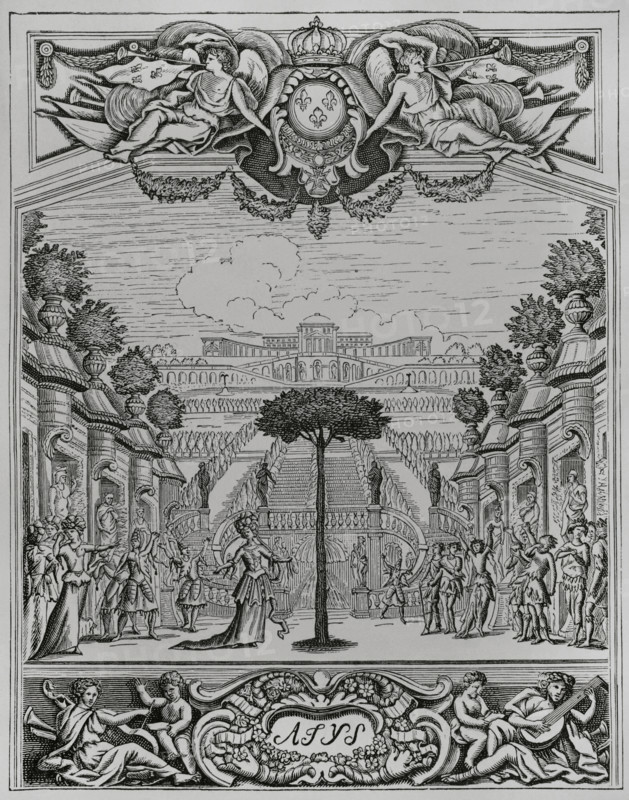 Atys (Attis). Musical tragedy in a prologue and five acts. Music by French composer Jean-Baptiste Lully (1632-1687), based on a libretto by Philippe Quinault (1635-1688) in 1676. Illustration for the frontispiece of the play. Drawing by François Chauveau (1613-1676), engraved by Jacques Lalouette. Published in Paris, chez Christophe Ballard, 1676. XVIIme siècle: lettres, sciences et arts, France 1590-1700 (17th century: letters, sciences and arts), by Paul Lacroix. Published in Paris by Librairie de Firmin-Didot et Cie, 1882.