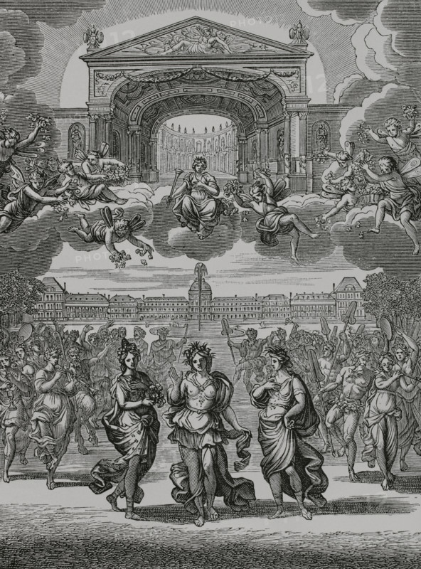 Alcestis, or The Triumph of Alcides (Alceste, ou Le Triomphe d'Alcide). Musical tragedy in a prologue and five acts. Music by French composer Jean-Baptiste Lully (1632-1687), based on a libretto by Philippe Quinault (1635-1688). The opera premiered on 19 January 1674 in Paris. Illustration for the frontispiece of the play. Engraving after the drawing by François Chauveau (1613-1676), 1674. Engraving. XVIIme siècle: lettres, sciences et arts, France 1590-1700 (17th century: letters, sciences and arts), by Paul Lacroix. Published in Paris by Librairie de Firmin-Didot et Cie, 1882.