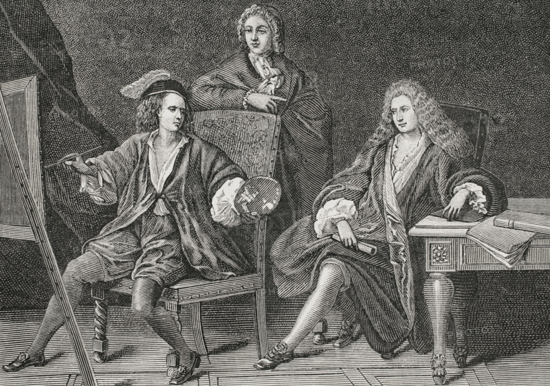 France. Composer André Campra (1660-1744), seated on the right; librettist Antoine Danchet (1671-1748), standing; and painter Bon Boullogne (1649-1717), author of the painting reproduced in this engraving, c. 1690. XVIIme siècle: lettres, sciences et arts, France 1590-1700 (17th century: letters, sciences and arts), by Paul Lacroix. Published in Paris by Librairie de Firmin-Didot et Cie, 1882.