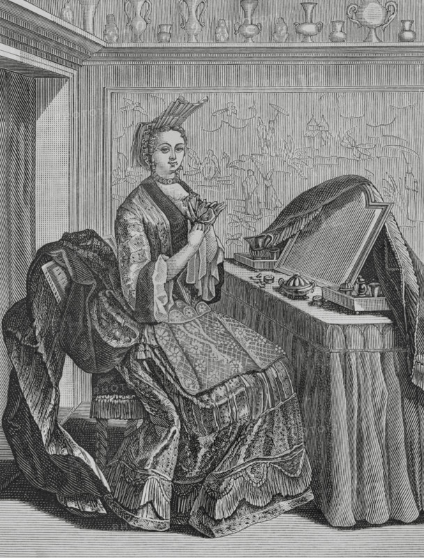 Françoise Charlotte de Saint-Nectaire (1679-1745), known as Mademoiselle de Mennetoud. French harpsichordist and composer. Mademoiselle de Mennetoud fixing herself up. Engraving after Jean Mariette (1660-1742). XVIIme siècle: lettres, sciences et arts, France 1590-1700 (17th century: letters, sciences and arts), by Paul Lacroix. Published in Paris by Librairie de Firmin-Didot et Cie, 1882.