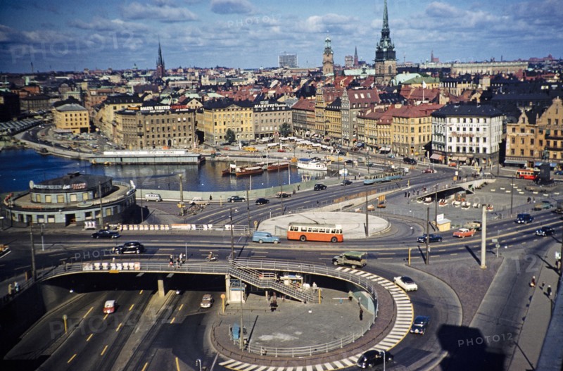 Vehicles using new road fly-over system in city centre, Stockholm, Sweden 1958 driving on the left.