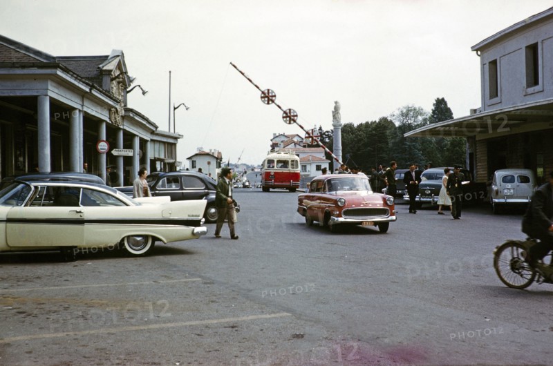 Frontier border vehicles crossing between Spain and France at Irun, northern Spain, 1959 red Opel Rekord car.