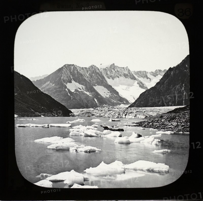 Magic lantern slide of Alpine glacier in Switzerland Le lac de Märjele, Aletschhorn, Märjele Lake, Aletschhorn mid 1800s.