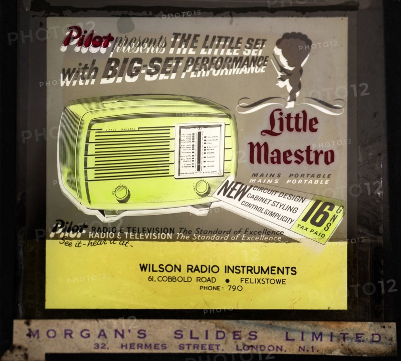 Magic lantern slide advertising portable and mains transistor radio product from electrical shop in Felixstowe, Suffolk, England, UK.