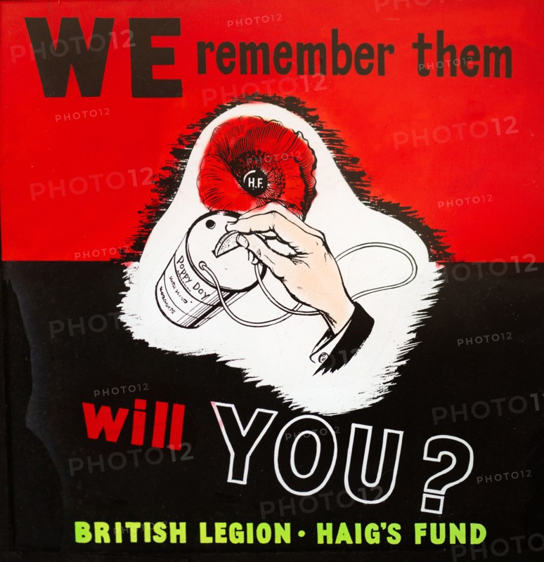 Magic lantern slide used in cinemas for advertising about the Haig's Fund poppy day appeal, UK c 1940s or 1950s.