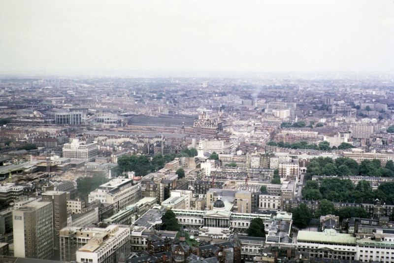 View north east from Post Office tower over University of London towards St Pancras railway station, central London, England, UK 1967.