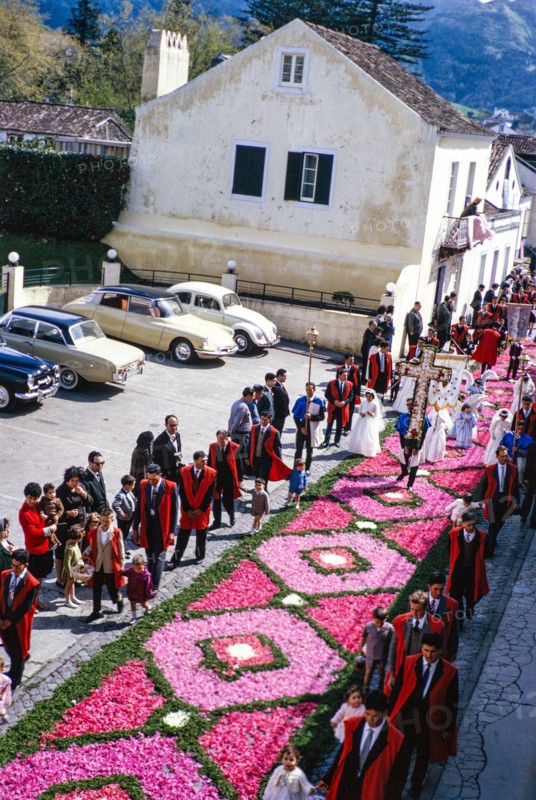 Street religious procession, Procissao de Senhor der Infernos, Furnas, Sao Miguel Island, Azores, Portugal, April 1964.