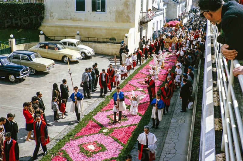 Street religious procession, Procissao de Senhor der Infernos, Furnas, Sao Miguel Island, Azores, Portugal, April 1964.