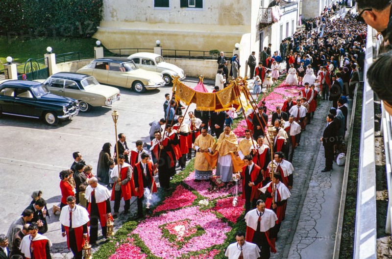Street religious procession, Procissao de Senhor der Infernos, Furnas, Sao Miguel Island, Azores, Portugal, April 1964.