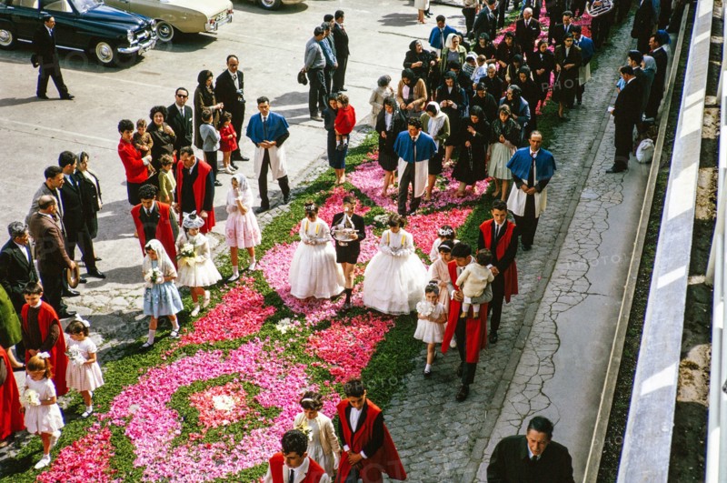 Street religious procession, Procissao de Senhor der Infernos, Furnas, Sao Miguel Island, Azores, Portugal, April 1964.