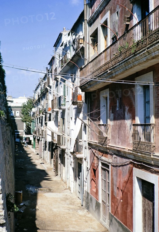 Historic building housing apartments in terrace Ibiza town,  Ibiza, Balearic Islands, Spain 1967.