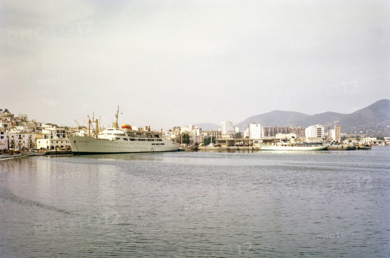 Ciudad de Barcelona' passenger cargo ship built 1957 in port area, Ibiza town, Ibiza, Balearic Islands, Spain 1967.