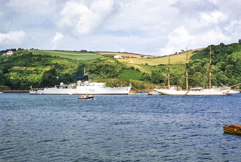 Royal Navy ship F50 HMS Venus, Type 15 Frigate built 1943, Dartmouth, south Devon, England, UK, 1956.