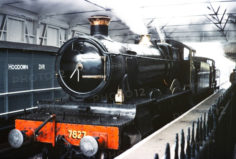 Locomotive 7827 Lydham Manor steam engine train, Dart Vally Railway, Dartmouth Steam railway, south Devon, England, UK 1975.