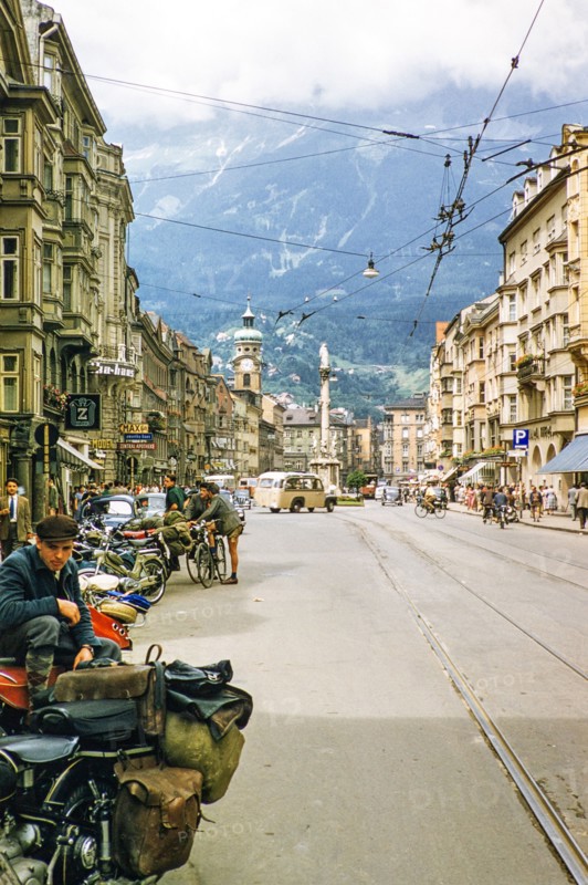 St Mary's column in Maria-Theresien-Strasse street, city centre of Innsbruck, Austria, Europe 1950s.