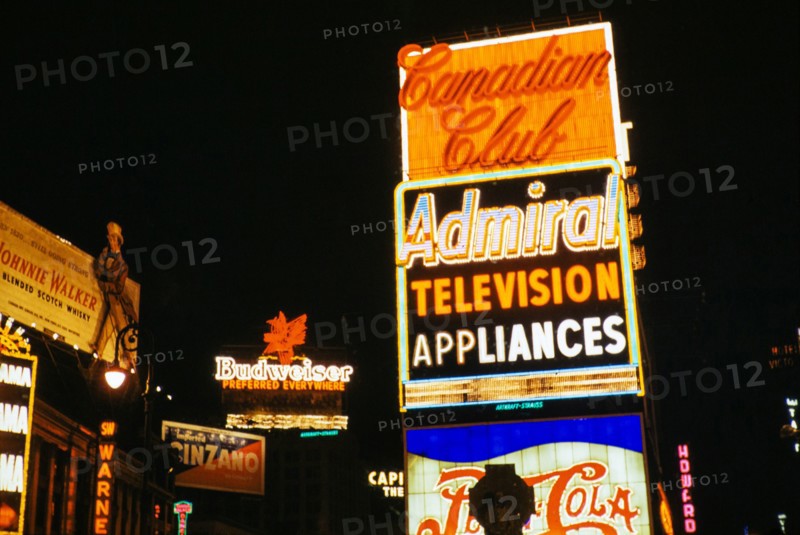 Neon lights advertising Admiral Television Appliances and Canadian Club,   Times Square, New York, USA c 1953.