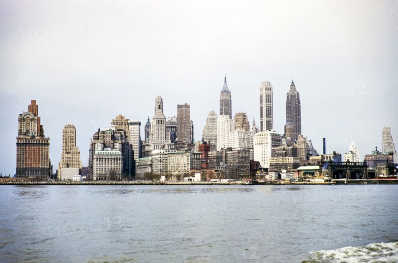 City skyline of skyscrapers, Manhattan, New York, NY State, USA c 1953.